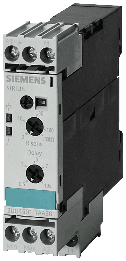 !!! product phase-out !!! the preferred successor is 3UG5501-1AW30 analog monitoring relay level monitoring resistance monitoring from 2 to 200 kohm overshoot and undershoot supply voltage 24 V AC/DC 50 to 60 Hz DC and AC without electrical isolation to measuring circuit 2-step or 1-step control tripping delay 0.5 to 10 s 1 changeover contact screw terminal by Siemens