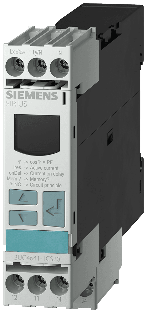 !!! product phase-out !!! the preferred successor is 3UG5643-1CS20 digital monitoring relay cos phi and current monitoring from 90 to 690 V AC overshoot and undershoot with internal power supply 50 to 60 Hz AC noise pulses delay 0.1 to 20 s hysteresis for (I) 0.1 to 2 A 2 changeover contacts with or without fault buffer screw terminal by Siemens