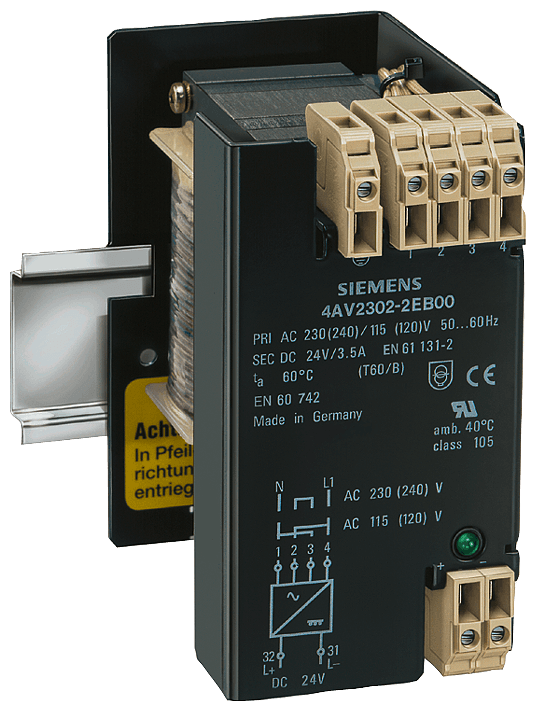 power supply; phases: 1; Pn(kW): 0.084; Upri(V): 230-115; Usec(V DC): 24; Isec(A DC): 3.5/4.2 (60/40 CEL); F(Hz): 50...60; vector group/shielding winding: II0 /0; protection class: I; temperature rise/insulation class: 60 /B; W(%): 5; IP00; connection: screw/flat-type connection; mounting: DIN rail; EN 61558-2-6 by Siemens