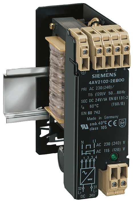 power supply; phases: 1; Pn(kW): 0.024; Upri(V): 230-115; Usec(V DC): 24; Isec(A DC): 1/1.2 (60/40 CEL); F(Hz): 50...60; vector group/shielding winding: II0 /0; protection class: I; temperature rise/insulation class: 60 /B; W(%): 5; IP00; connection: screw/flat-type connection; mounting: DIN rail; EN 61558-2-6 by Siemens