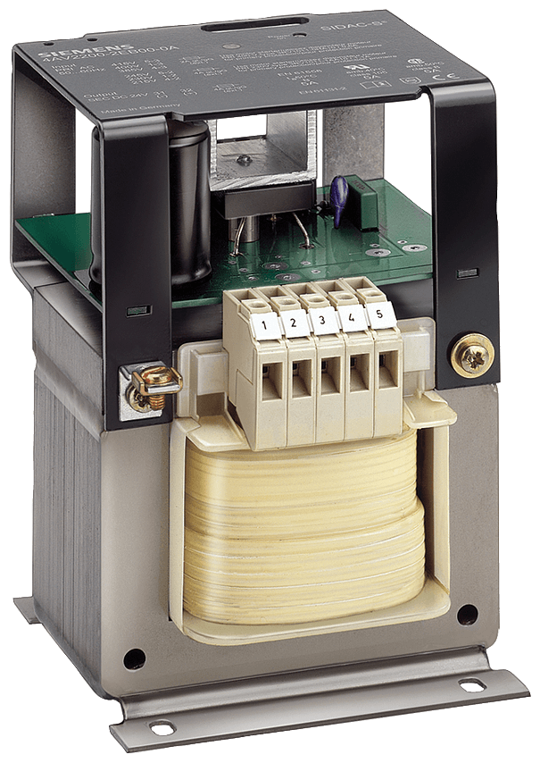 power supply; phases: 1; Pn(kW): 0.12; Upri(V): 400-230(240)-115(120); Usec(V DC): 24; Isec(A DC): 5/6 (60/40 CEL); F(Hz): 50...60; vector group/shielding winding: II0 /0; protection class: I; temperature rise/insulation class: 60 /B; W(%): 5; IP00; connection: screw connection; mounting: screws; EN 61558-2-6 by Siemens