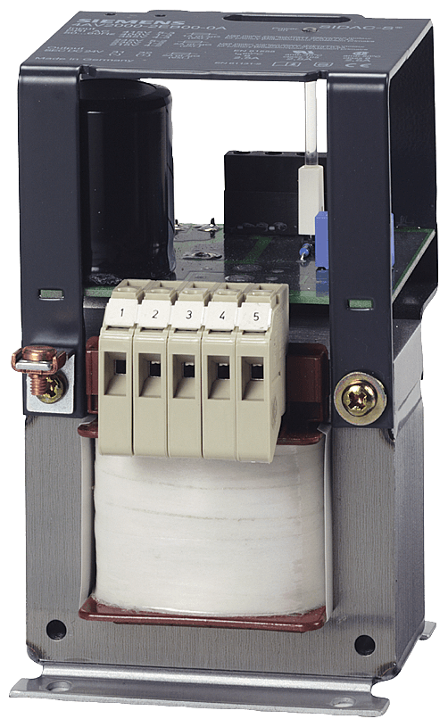 power supply; phases: 1; Pn(kW): 0.12; Upri(V): 400-230+/-15; Usec(V DC): 24; Isec(A DC): 5/6 (60/40 CEL); F(Hz): 50...60; vector group/shielding winding: II0 /0; protection class: I; temperature rise/insulation class: 60 /B; W(%): 5; IP00; connection: screw/flat-type connection; mounting: screws; EN 61558-2-6 by Siemens