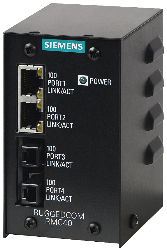 The RUGGEDCOM RMC40 is a 4-port unmanaged Ethernet switch that provides both copper-to-fiber media conversion as well as 10Mbps to 100Mbps speed conversion. configurations: 2 ports 10/100TX + 1 port 100FX (SC/ST) or 2 ports 10/100TX + 2 ports 100FX (MTRJ/LC) or 4 ports 10/100TX by Siemens