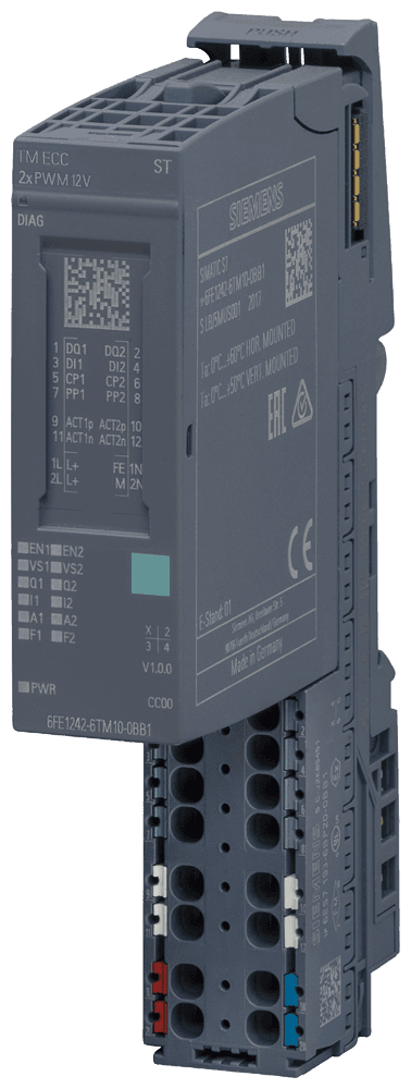 SIMATIC ET 200SP TM ECC 2xPWM ST Chargecontroller f. conductive charging of electric vehicles according IEC61851 mode 3 for 2 Charging points -30°C...60°C 2x Control Pilot 2x Plug Present 2x DQ switch contact for contactor; 2x DI read contact for contactor or connector locking; 2x ACT for connector locking suitable for BU Typ BU20-P12+A0+4B and BU20-P12+A4+0B by Siemens