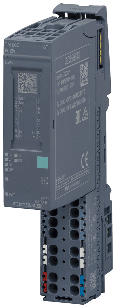 SIMATIC ET 200SP TM ECC PL ST load controller for conductive charging of electric vehicles according to DIN SPEC 70121 / ISO15118 charge operating mode 4 CCS combined charging temp.: -30 °C to 60 °C 1x Control Pilot including Powerline Green Phy 1x Plug Present / Proximity Pilot 1x Digital Out TRIP function as open collector 1x Digital Out (DQ P) as open collector suitable for BU type BU20-P12+A0+4B or BU type BU20-P12+A4+0B by Siemens